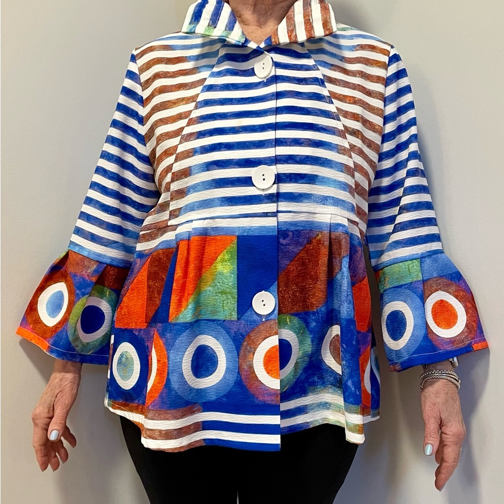 Damee vibrant, multi-colored woman’s jacket / tunic. Medium.